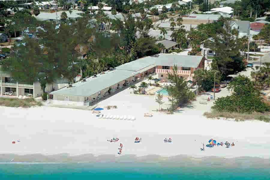 Arial Beach photo of our Gulf front island vacation resort over looking Anna Maria Island Florida beachesand island resort