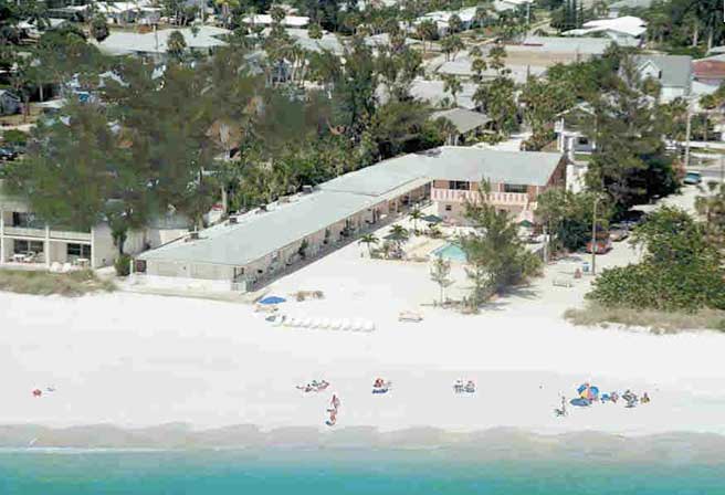 Arial Beach photo of our Gulf front island vacation resort over looking Anna Maria Island Florida beachesand island resort