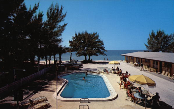 vintage postcard of White Sands Beach Resort pool deck